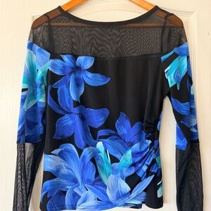Joseph Ribkoff Black Mesh Top with Blue Floral Print, incredibly flattering